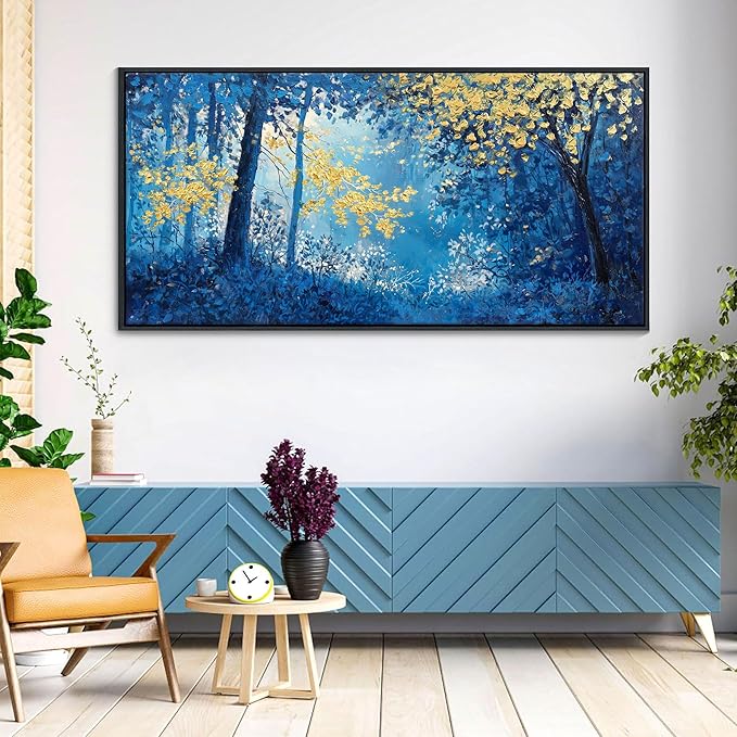Blue and Gold Canvas Wall Art - Forest Bedroom Wall Art - Tree Wall Pictures for Living Room, Office, or Bedroom - Nature Landscape Canvas Decor Framed Painting 29×58IN