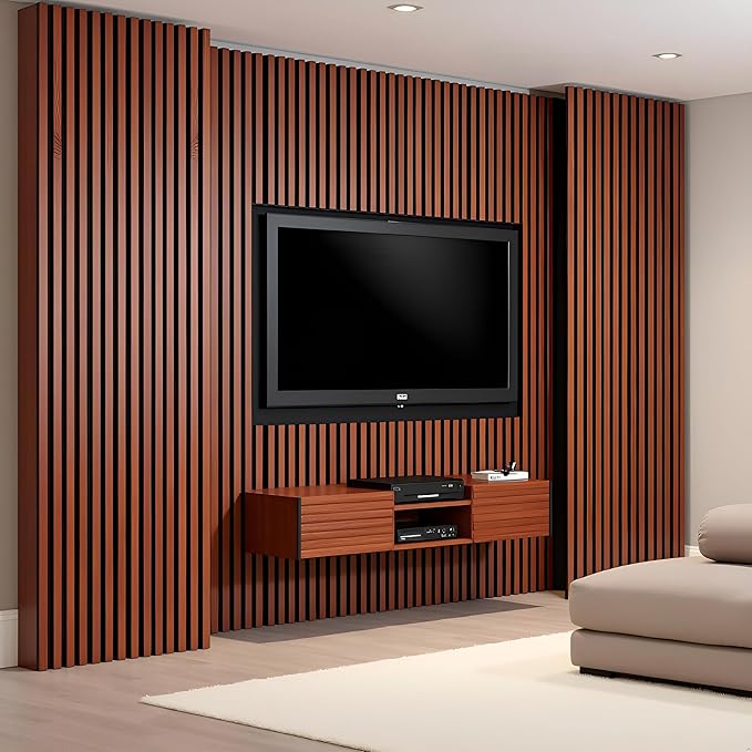 NAVREX 2 Solid Wood Slat Acoustic Panels for Wall and Ceiling - 3D Fluted Sound Absorbing Panel in Walnut Finish, Soundproof Wall Panels for Home Theater, Office & Bedroom Decoration with Flame Retardant Sound-absorbing Cotton (47.2 * 23.6in)