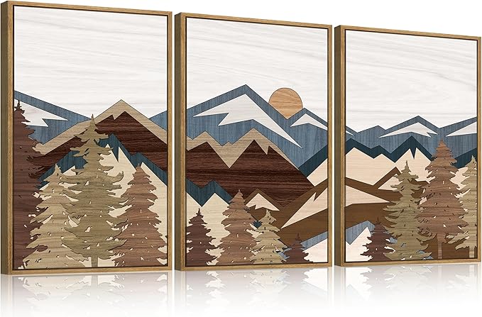 BINCUE Large Mountain Wall Art Vintage Mountains Office Framed Canvas 3 Piece Artwork 16x24 Inch for Living Room Bedroom Décor