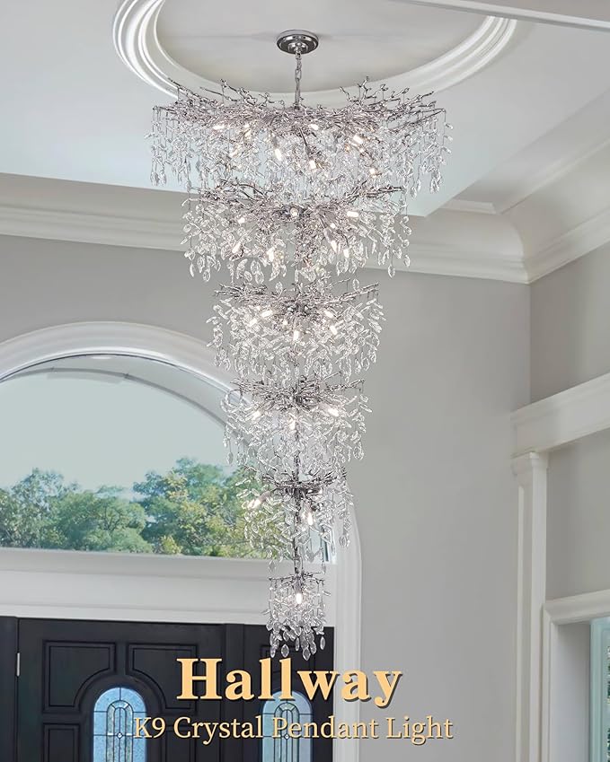 Luxury Silver 6-Tier Large Foyer Entrance Crystal Chandeliers Modern Long Staircase K9 Chandeliers for High Ceiling Big Crystal Chandelier(Height 75 Inch 43 Lights)