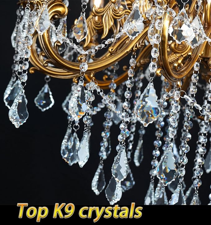 Modern Crystal Chandelier Lighting, Antique Gold Chandeliers for High Ceiling Foyer Entryway Living Room 15-Light Large Crystal Candle Light Fixture Staircase Oversize Round H54 D32