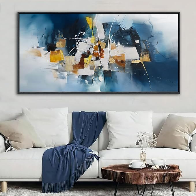 Abstract Canvas Wall Art Navy Blue Wall Art for Living Room Framed Modern Artwork for Walls, Above Bed Wall Decor Navy and Gold for Bedroom and Living Room Office Pictures Wall Decor 29×58IN