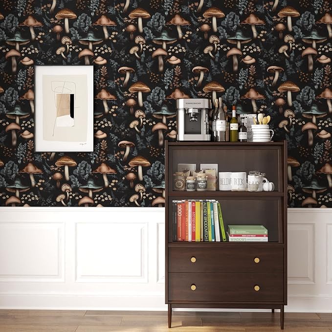 Mushroom Peel and Stick Wallpaper - Black Leaf Vintage Dark Flower Removable Wallpaper Self Adhesive for Cabinet Drawers - 17.5''x118.1''