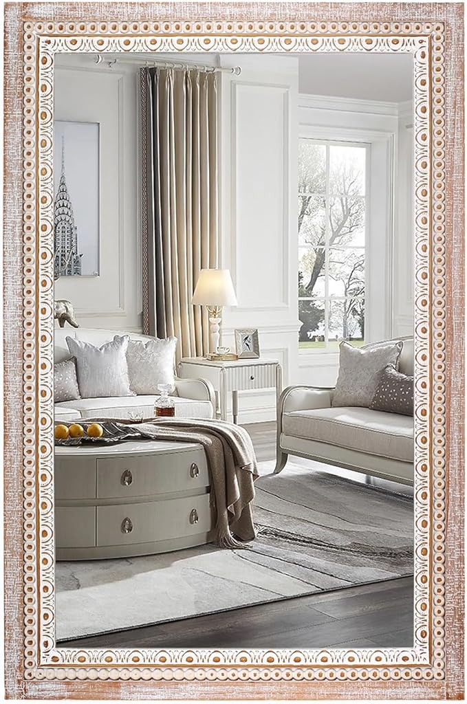 36x24 Inch Wooden Rectangle Bathroom Mirror with Beaded Frame, Rustic Farmhouse Decorative Wall Mirrors for Over Sink, Living Room, Entryway (Horizontal/Vertical Mounting)