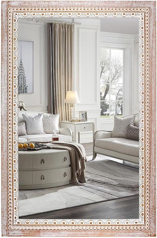 36x24 Inch Wooden Rectangle Bathroom Mirror with Beaded Frame, Rustic Farmhouse Decorative Wall Mirrors for Over Sink, Living Room, Entryway (Horizontal/Vertical Mounting)