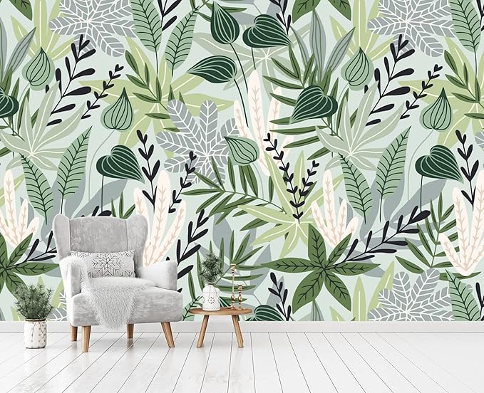 Cliouar-Watercolor Green Leaves Tropical Plants Bedroom Living Room Decoration Mural Wallpaper 103" x 69"(Not Self-Adhesive)