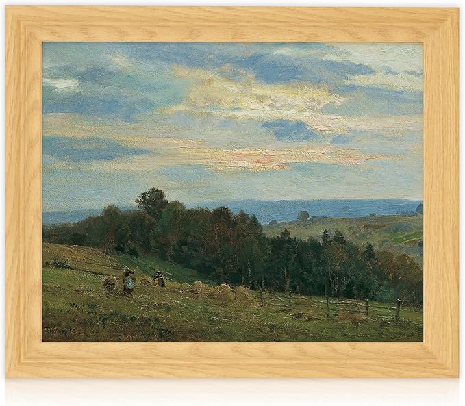 Brivoria Framed Canvas Wall Art Vintage Decor, Harvest Season Landscape with Farmers Hay Fields and Rustic Trees Under Autumn Sunset for Hallway Reading Nook Bathroom or Office Wall Display, 13"x16"