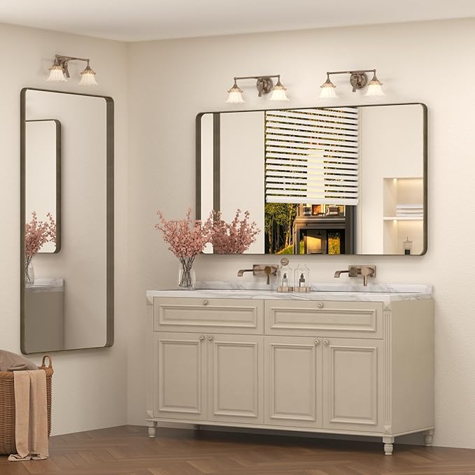 60x30 Bronze Bathroom Mirror for Wall, Brushed Metal Bronze Framed Bathroom Vanity Mirror, Rounded Rectangle Mirror, Shatterproof, Anti-Rust (Horizontal/Vertical)