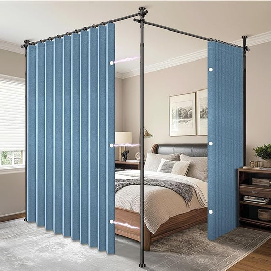 AJAZZ Room Divider Curtain (2 Panels, Blue, W100 x L96 in)+ Tension Curtain Rod No Drilling (H) 43-120×(W) 35-200 in, for Privacy/Soundproof Curtains, Heavy Duty Wall Separator