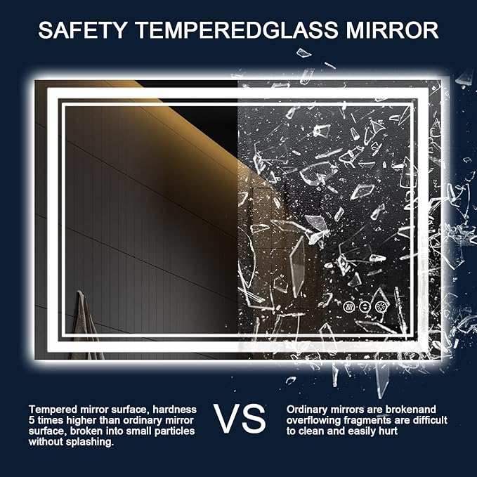 55 x 36 Inch LED Bathroom Mirror with Lights, Backlit and Front Lighted Bathroom Mirrors for Wall, Anti-Fog Dimmable Memory Shatterproof LED Vanity Mirror for Bathroom