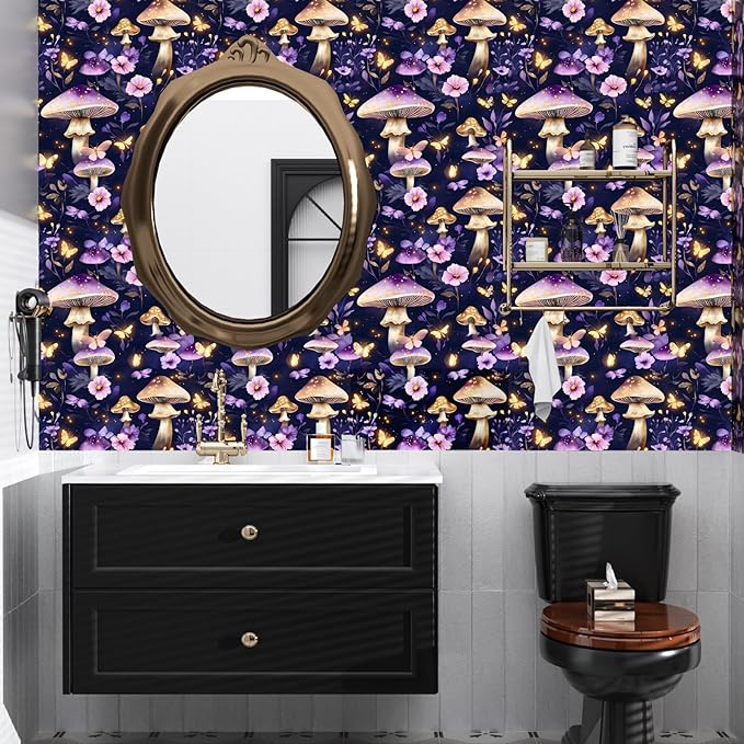 Mushroom Wallpaper Boho Peel and Stick Wallpaper Purple Leaf Vintage Contact Paper Purple Floral Wall Paper Removable Wallcovering Self Adhesive for Cabinet Drawers Wall Decor 17.5''x118.1''