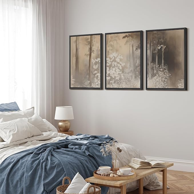 MUDECOR Framed Wall Art Print Set Neutral Forest Landscape Beige and Gray Watercolor Illustrations Realism Decorative for Living Room, Bedroom, Office - 24"x36"x3 Black