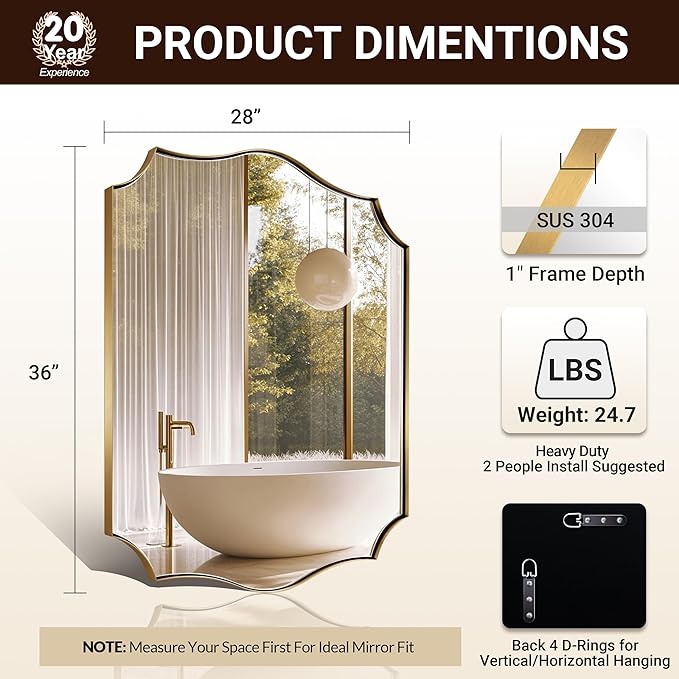 ANDY STAR Bathroom Mirror, 28x36 Inch Brushed Gold Vanity Mirror, Stainless Steel Metal Frame with Sophisticated Curved Design, Anti-Rust, Ideal for Bathroom, Living Room, Bedroom