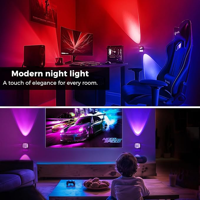 L LOHAS LED Night Light, Color Changing Night Lights Plug into Wall, Rotating White Nightlight, Dusk to Dawn Sensor, RGB Rainbow Nightlights Projector for Bathroom, Gaming Room, Decor, Gifts,2 Pack