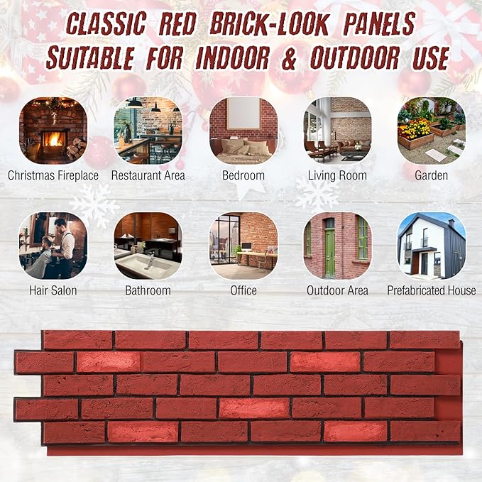6 Pcs Christmas 3D High-Density Polyurethane Red Faux Brick Wall 45.7 x 11.8 x 1.2 inch PU Wall Panels for Interior Exterior Walls Decor Christmas Fireplace Living Room Kitchen Balcony