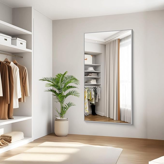 KOCUUY Silver Bathroom Mirror, 60"x30" Large Rectangle Bathroom Mirror for Wall, HD Tempered Glass, Anti-Rust Brushed Silver Frame, Modern Design for Bathroom, Bedroom, Hang Horizontal/Vertical