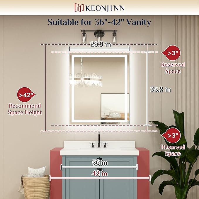 Keonjinn 30 x 36 Inch LED Bathroom Mirror with Lights, Vanity Mirror with Frontlit & Backlit, Dimmable 3-Color Temperature, Lighted Mirror with Anti-Fog, Tempered Glass(Horizontal/Vertical)