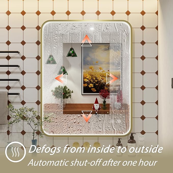 30x36 Inch Gold LED Bathroom Mirror with Lights, Adjustable 300K/4500K/6000K, Wall Mounted Framed Lighted Bathroom Vanity Mirrors, Anti-Fog, Memory, Stepless Dimmable, Horizontal/Vertical