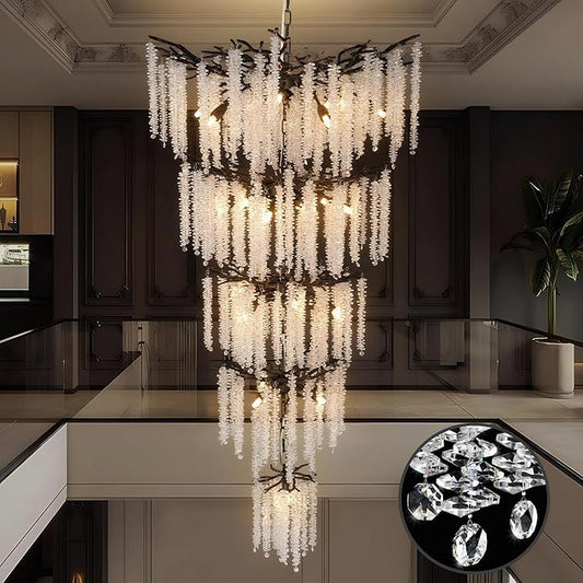118'' Black Branch High Ceiling Chandelier, 28-Light Modern Long Tree Chandeliers, 3CCT Dimmable, Large Luxury Foyer Chandelier, Raindrop K9 Crystals Fixtures for Staircase, Entryway, Living Room