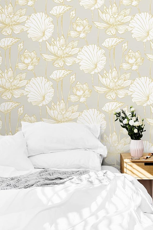 NextWall Lotus Floral Peel and Stick Wallpaper (Metallic Gold & Gray)