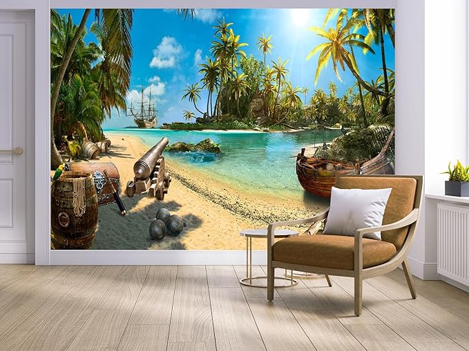 Cliouar-Wall Mural Wallpaper for Bedroom Living Room 3D Wallpaper Decoration Pirate Ship Treasure 155" x 103" (Not Self-Adhesive)