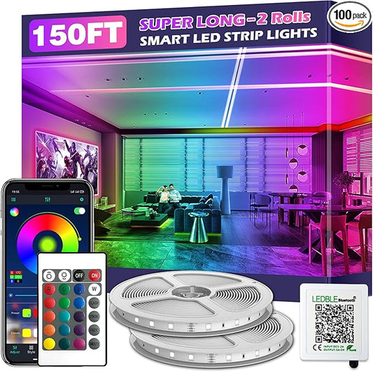 Led Strip Lights, 150ft/45m Long Smart Led Light Strips Music Sync 5050 RGB Color Changing Rope Lights,Bluetooth APP/IR Remote/Switch Box Control Led Lights for Bedroom,Home Decoration,Party,Festival