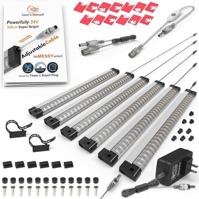 LED Under Cabinet Light with Adjustable Cable Touch Under Cabinet Lights No Redundant Wires 6 Panel Under Counter Lights for Kitchen 3000K Warm White 2100Lm Super Bright Closet Light Good for Timer