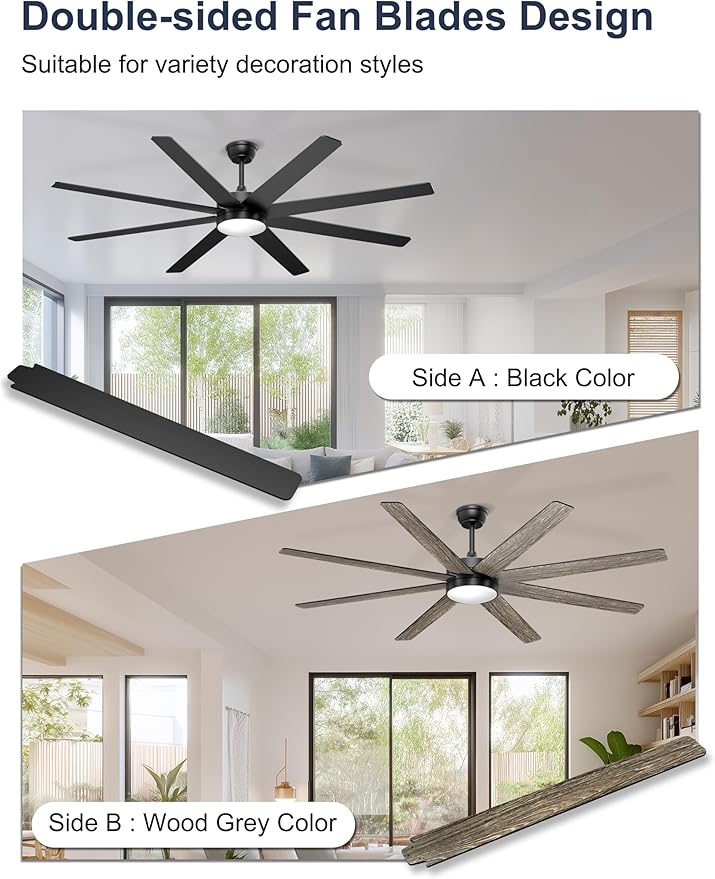 72'' Large Ceiling Fans with Lights, Modern Black Ceiling Fan Remote/APP Control, Dimmable, Quiet DC Motor Big Ceiling Fan for Indoor/Covered Outdoor