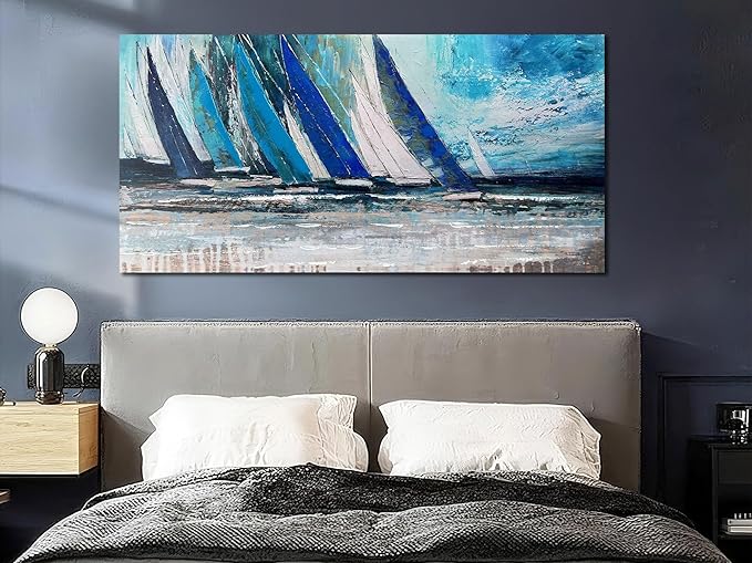 Arjun Blue Abstract Wall Art Canvas for Living Room Teal Ocean Sailboat Textured Bedroom Picture Modern Turquoise Coastal Nautical Painting Framed Artwork Home Office Wall Decor, Extra Large 58"x29"