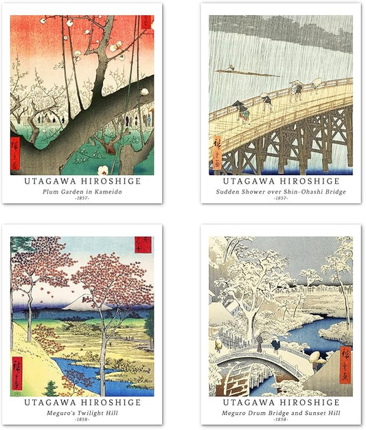 Berkin Arts Wall Art Unframed Prints Giclee Art Paper Set of 4, 11x14 inch Japanese Ukiyo-e Artwork, Bathroom Decoration Aesthetic Rustic Nature Colorful Wilderness Elegant Utagawa Hiroshige Poster