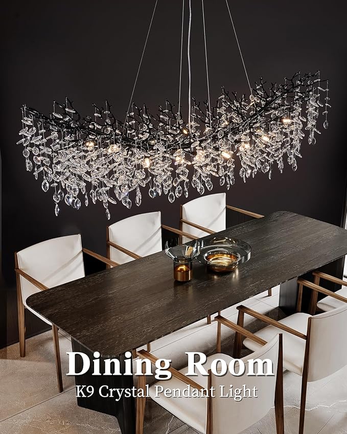 Modern Crystal Chandelier for Dining Room, 16-Light 55.12" Black Tree Branch Chandeliers, Luxury K9 Crystal Rectangular Chandeliers for Kitchen Island Living Room