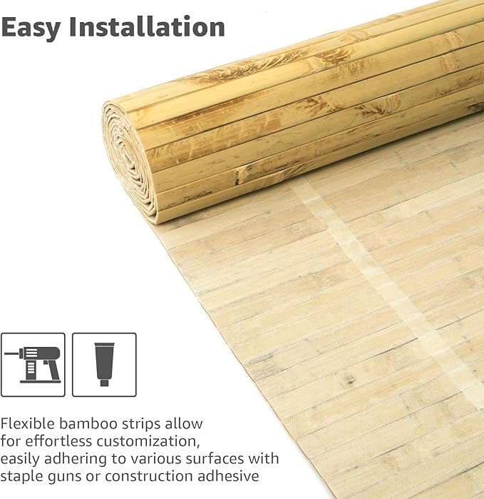 Art3d Natural Bamboo Wall Panel for Interior Wall Decor, Renewable Pole Wrap Wainscoting Paneling for Wall Ceiling Furniture Cabinet Office, 12 x 96 Inch, 2-Pack - Light Burned