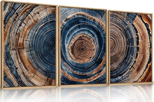 Colorful Tree Rings Framed Canvas Wall Art Set,Abstract Blue and Brown Wood Grain Wall Decor,Nature Modern Annual Ring Texture Artwork for Living Room,Bedroom-24 x36 x3