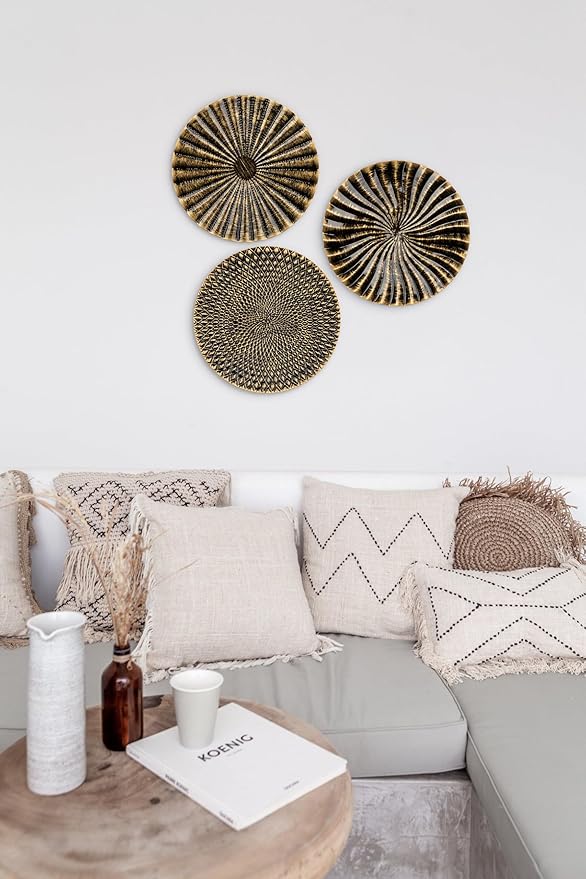 12" Wall Décor Pack of 3 Metal Gold & Black Washed Starbursts Radial Plate Wall Art Modern Accent Hanging Wall Decorations For Home Office Bedroom Or Living Room Wall Sculptures