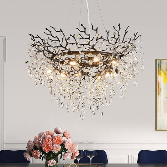 Modern Crystal Chandelier for Dining Room, 31.5" Black Tree Branch Chandeliers, 10-Light Luxury K9 Crystal Round Chandeliers for Kitchen Island Living Room
