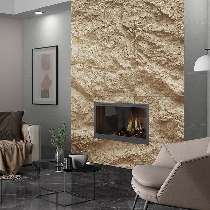 KASARO 3D Faux Stone Wall Panels, 4 PCS PU Wainscoting Panel for Interior Wall Decor, Cement Texture Thicker Accent for Home, Office, 43.3 × 23.6 inch, Golden Hemp