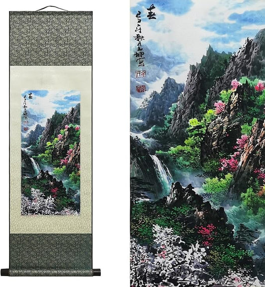 AtfArt Asian Wall Decor - Beautiful Silk Scroll Painting of Four Seasons Landscape - Summer, Autumn, Winter-Spring - Oriental Decor - Chinese Art - 36.2 x 12in (Spring)