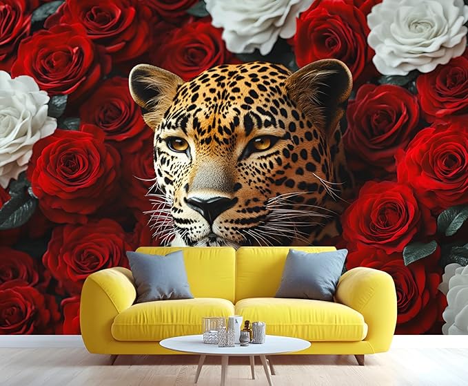 Leopard Mural Wallpaper, Floral Leopard Murals, 3D Wild Animal Murals, Wallpaper for Living Room Bedroom Boy Girl Room Home Decor Mural (Not Peel Stick)