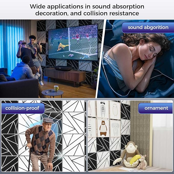 8 Pack 2-Layer Soundproof Wall Panels, 12 x 12 x 0.43 in Sound Proof FoamPanels for Walls, 1.2lb/ft* High Density, Thicker 0.43 in, 3D AcousticPanels,Artistic Noise Dampening Panels Black&White