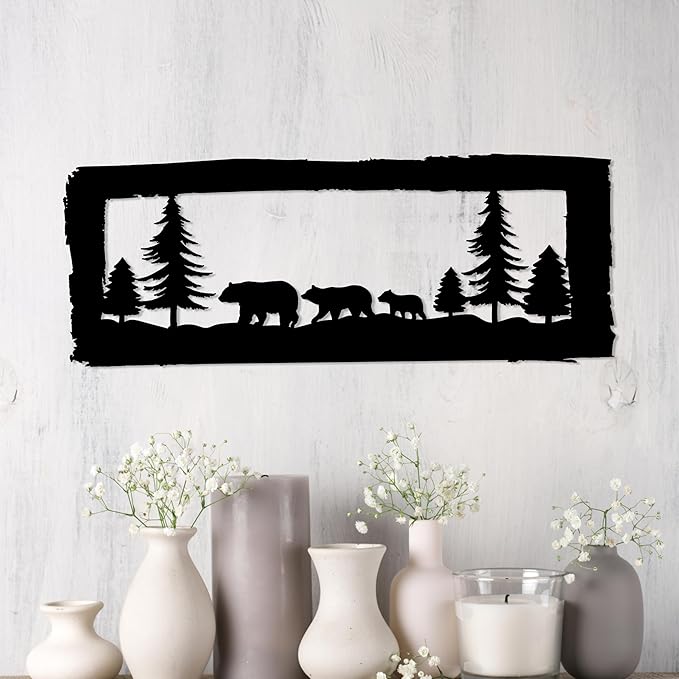 Bear Family Metal Wall Art, Bear and Pine Tree Forest Wall Hanging, Metal Framed Wildlife Wall Decoration, Animal Art, Farmhouse Wall Decorations, Cabin Decor, Over Bed Decor, Home Decor, Nature Lover Gift