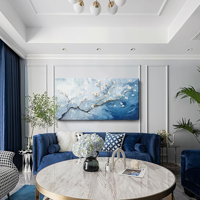 Nicetop Extra Large Canvas Art Wall Decor - Plum Blossom Art Prints - Oversized Abstract Sky Ocean Floral Botanical Artwork, Big Wall Picture Modern Coastal Home Bedroom Living Room Office 58x29 Inch