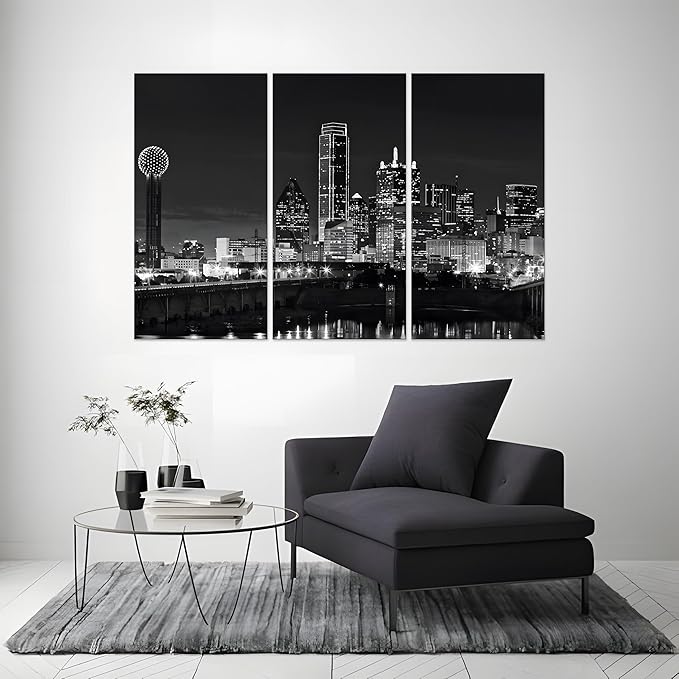 NAN Wind 3 Pcs Dallas Skyline Canvas Wall Art Black and White Cityscape Night Scene Modern City Giclee Prints on Canvas Framed Urban Home Decor Skyscrapers Picture Painting for Room Decor