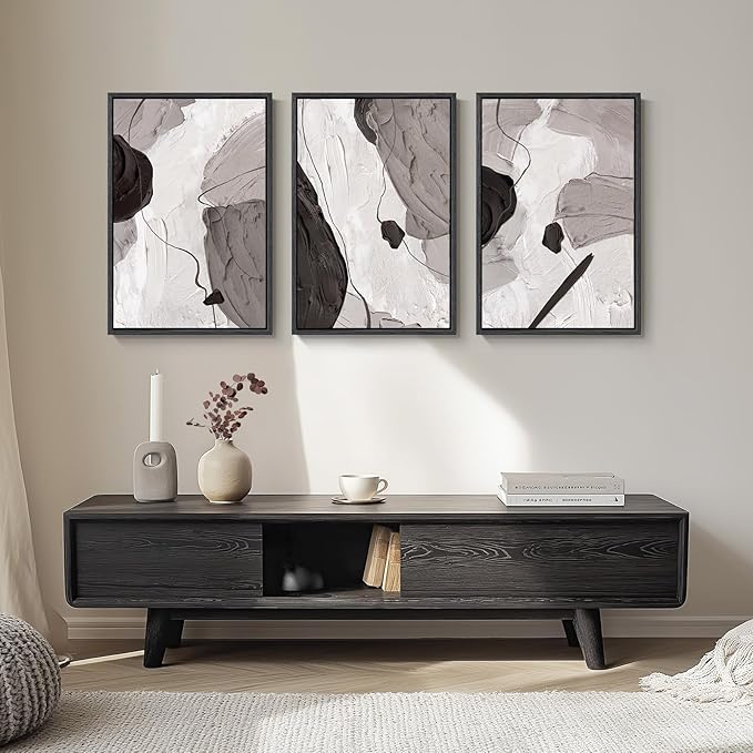 Large Framed Black and White Grey Abstract Wall Art for Living Room, 3 Piece Modern Canvas Prints Paintings Artwork for Walls, Minimalist Abstract Pictures for Hallway, Office Wall Decor 24x36 Inch