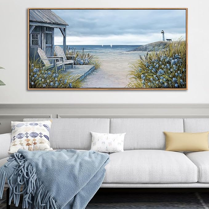 Coastal Wall Art for Living Room - Framed Vintage Wall Decor & Seascape Bedroom Beach Wall Decor | Ocean with Beach Pictures | Canvas Artwork for Home Decor Farmhouse 24×48IN