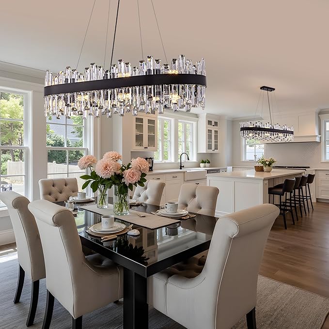16-Light Modern Crystal Chandelier for Dining Room Black Rectangle 2-Tiers K9 Crystal Raindrop Chandelier Flush Mount Oval Adjustable Pendant Ceiling Light Kitchen Island Bar L35.4''