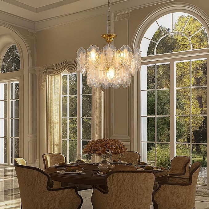 7PM Modern Gold Glass Chandelier, Antique Crystal Chandeliers 3-Layer 6 Light Round Pendant Chandelier for Dining Room Kitchen Island Living Room Bedroom 59" Height Adjustable, 20inch