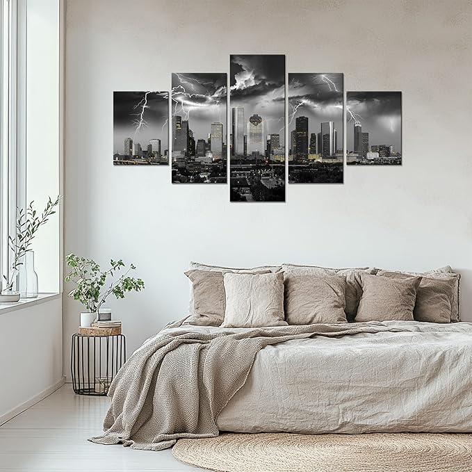 Cawpom Houston Black and White Wall Art Texas Nature Lightning Strikes Wall Decor Houston City Picture Canvas Print Storm Cityscape Painting Poster Frame Home Living Room Decoration(60x32 inches)