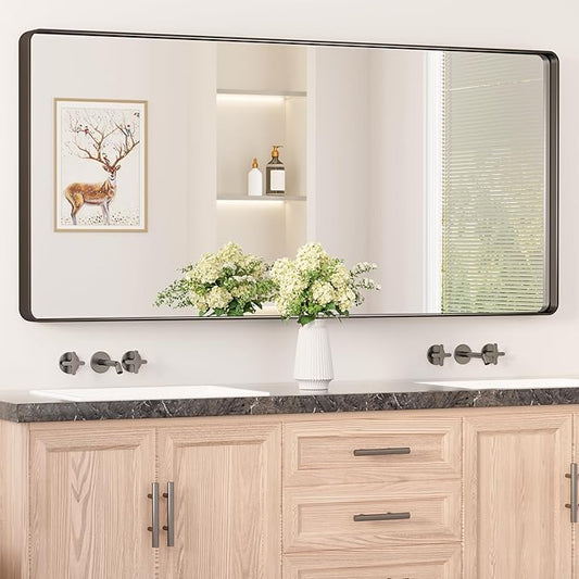 Keonjinn Black Bathroom Mirror for Over Sink, 60” x 28” Large Rounded Rectangle Bathroom Vanity Mirror, Matte Black Modern Decorative Framed Mirror, Anti-Rust, HD Tempered Glass(Horizontal/Vertical)