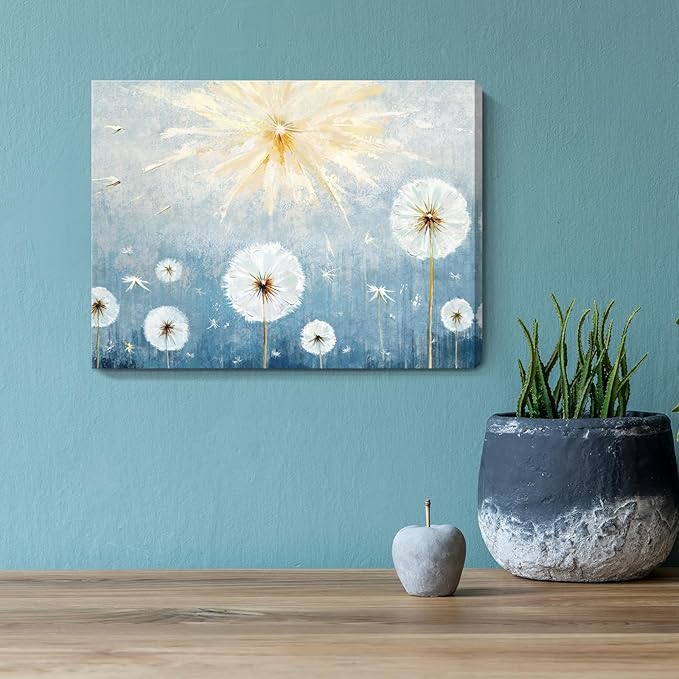 Nicetop Floral Canvas Wall Art – Blue Botanical Dandelion Picture, Inspirational Nature Art Print Wildflower Artwork for Bathroom Bedroom Office or Small Living Room, Rustic Decor16x12 Inch