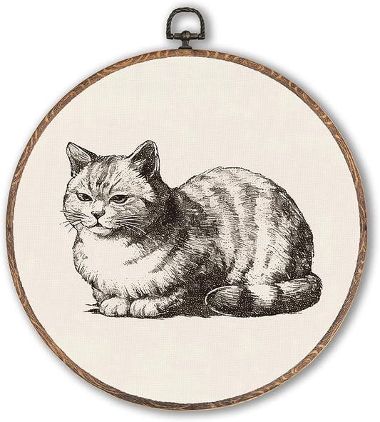Vintage Cat Round Wall Art Framed, Cat Lover Mom Lady Gifts Round Wall Decor, Retro Pet Kitty Kitten Hanging Canvas Prints Wall Sculptures for Bedroom Living Room Home Decor, 10x10 Inch